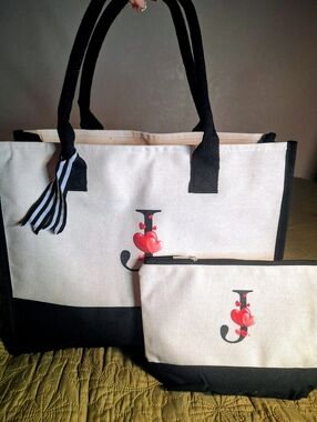 Canvas Two-Piece Monogram "J" Tote and Pouch Set - Black and Cream